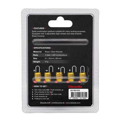 Kodehængelås 21 mm i messinghus og stålbøjle med 3 cifret kodelås (1.000 kombinationer)